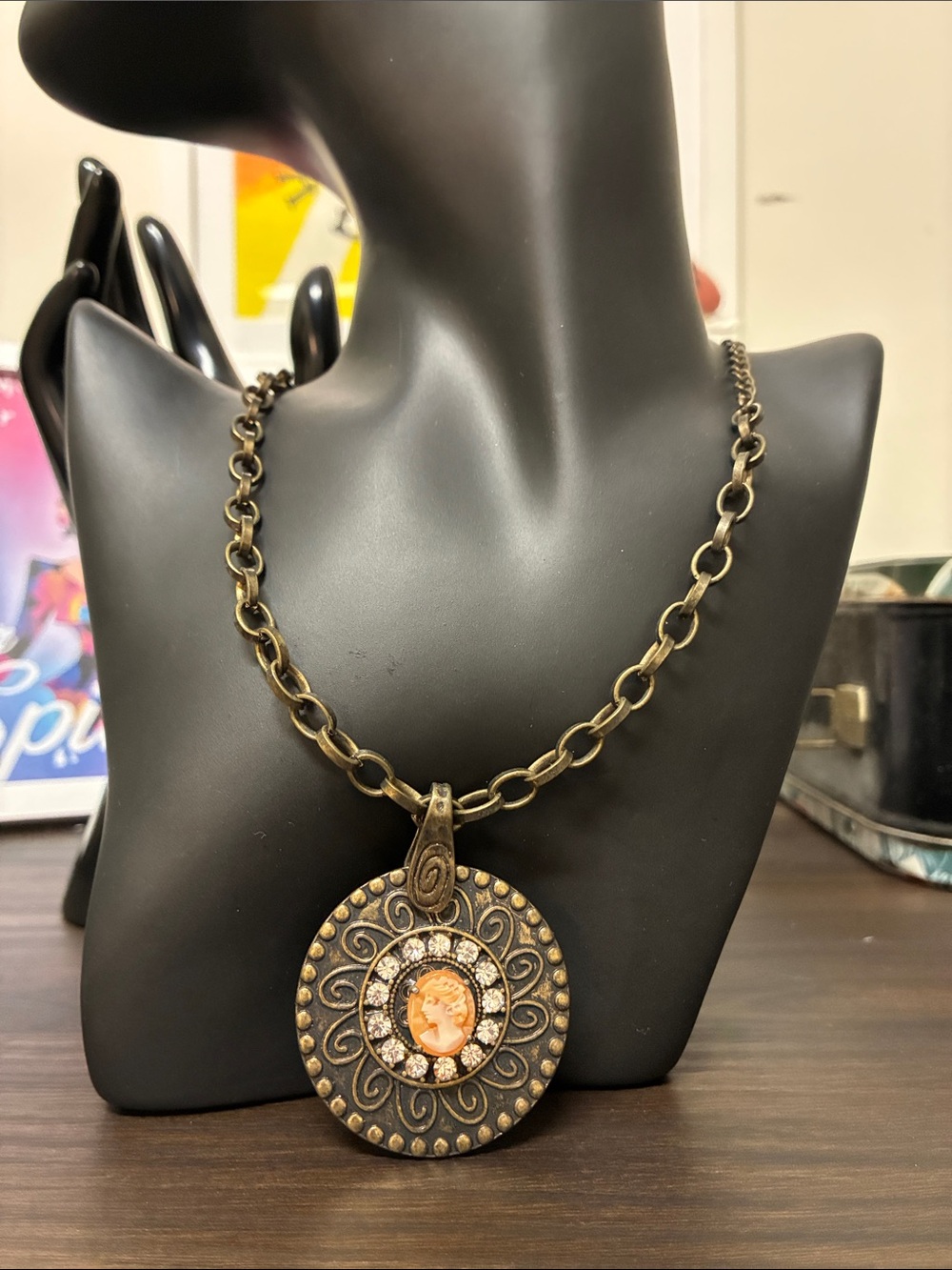 2010s Vintage-Inspired Bronze Cameo Pendant Necklace - Orange Cameo